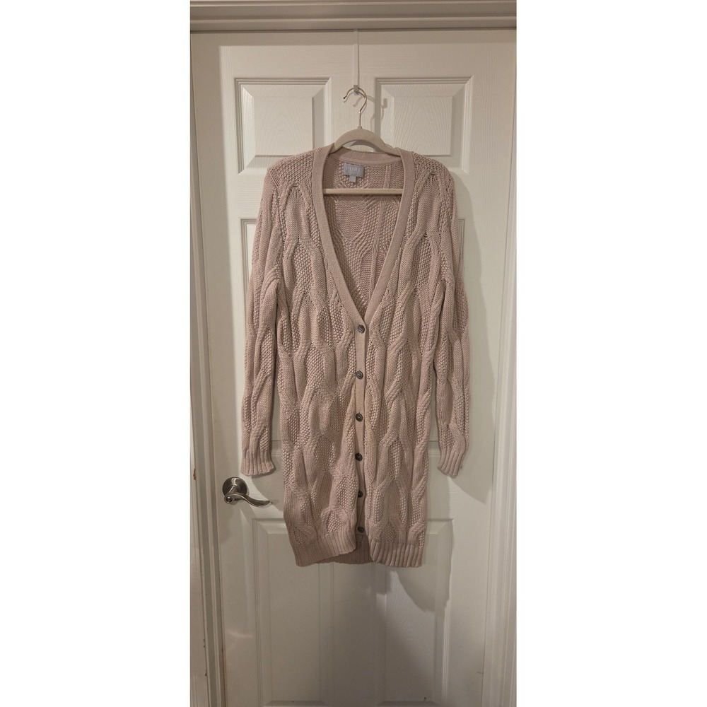 Pure Collection Cashmere Wool Mohair Cable Knit Long Cardigan Sweater 12 Taupe